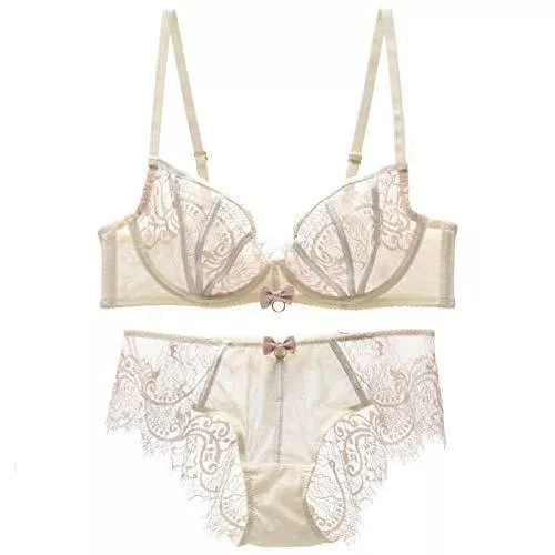 MEN.CLOTHING-LEE Unterwäsche & Dessous MEN.CLOTHING-LEE Sexy Transparent BH und Slip Set Dessous Bow Underwire Ungefütterte Stickerei Unterwäsche Frauen Intimates Push Up 3/4 Tasse Sheer-Beige_75B