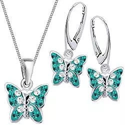 Goldene Hufeisen Schmuck Mädchen Kinder Kristall Schmetterling Brisur Ohrringe + Anhänger + 40cm Kette 925 Silber Set