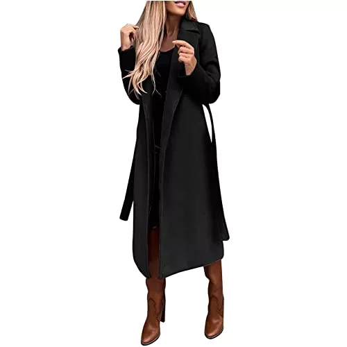 Generic Mäntel Trenchcoat Damen Winter Lang Wollmantel Winter Revers-Krawatte Mantel Einfarbig Coat Lang Winterjacke Elegant Mit Taschen Damen-Mäntel
