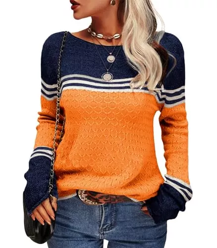 Hormtaer Pullover & Strickmode Damen Pullover Rundhals Colorblock Herbstpulli Stilvolle Slim Fit Gestreift Sweater Bequem Warm Strickpullover Langarm Tops Strickwaren