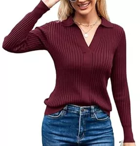 GRACE KARIN Pullover & Strickmode GRACE KARIN Damen Bluse Langarm Basic Shirt V-Ausschnitt Einfarbige Sweater Gestreifter Elegant Strickpullover mit Reverskragen Tops