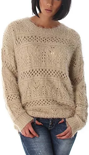 Jela London Pullover & Strickmode Jela London Damen Glitzer-Pullover Feinstrick Fransen Häkelmusterung Flauschig Glanz Oversize (38/40)