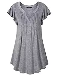 VAFOLY Kurzarmblusen VAFOLY Damen Tunika-Hemden mit kurzen Rüschenärmeln Plissee-Sommerausschnitte mit V-Ausschnitt