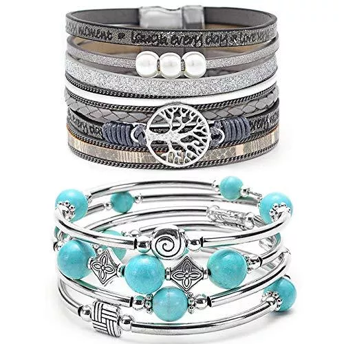 YooAi Schmuck YooAi 2 Stück Wickelarmband Mehrschichtiges Lederarmband Böhmische Perle Baum des Lebens Armbänder Schmuck Für Frauen
