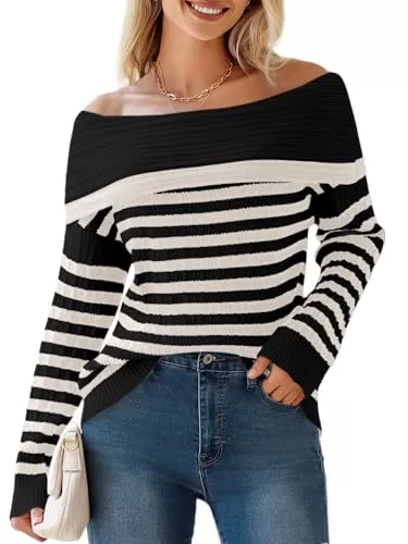 Imily Bela Pullover & Strickmode Imily Bela Damen Gestreift Pullover Schulterfrei Strickpullover mit Umlegekragen Pulli Mode