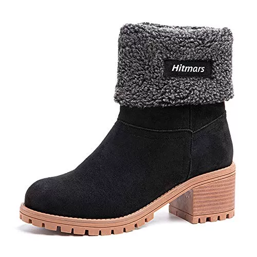 Hitmars Stiefel Hitmars Winterstiefel Damen Kurzschaft Stiefel Absatz Stiefeletten Warme Gefüttert Winterboots Frauen Schlüpfen Boots Wildleder Elegant Schwarz Braun EU35-43