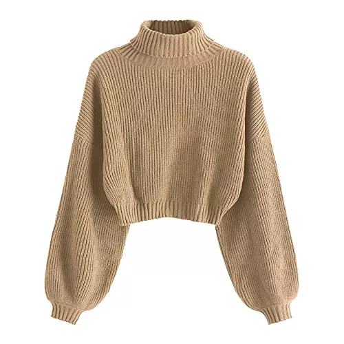 ZAFUL Pullover & Strickmode ZAFUL Elegant Strickpullover Cropped Rollkragen Pullover Damen Langarm Drop Shoulder Kurzer Pulli Jumper Sweater Oberteile mit Rippstruktur für Herbst Winter