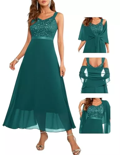 Berylove Abendkleider Berylove Damen Abendkleid Lang Pailletten Kleid Cocktailkleid Elegant für Hochzeit Festliches Kleid mit Stola Zweiteilige