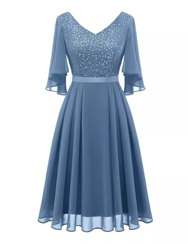 Dressystar Cocktail Dressystar Damen Elegant Cocktailkleid V-Ausschnitt Spitzenkleid mit Pailletten Knielang Abendkleider Hochzeit