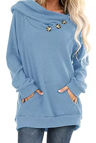 ANCAPELION Pullover & Strickmode ANCAPELION Damen Hoodie Gestrickt Pulli Pullover Langarm Oberteile Einfarbig Sweater Tunika Top mit Knopf Tasche