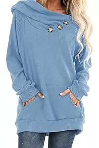 ANCAPELION Pullover & Strickmode ANCAPELION Damen Hoodie Gestrickt Pulli Pullover Langarm Oberteile Einfarbig Sweater Tunika Top mit Knopf Tasche