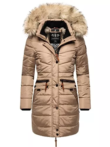 Navahoo Mäntel Navahoo Damen Wintermantel Warmer Steppmantel lang mit Abnehmbarer Kunstfell-Kapuze Paula XS-5XL