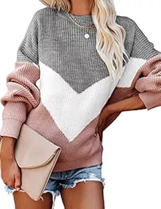 heekpek Pullover & Strickmode heekpek Strickpullover Damen Elegant Pullover Damen Rundhals V-förmig Nähte Streifen Basic Sweater Casual Loose Knit Sweater Herbst und Winter Pullover für Damen