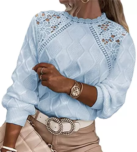 Tomwell Pullover & Strickmode Tomwell Pullover Damen Strickpullover Elegant Feder Hohlpullover Casual V-Ausschnitt Langarm Jumper Lose Pulli Einfarbig Sweater Oberteile Tops Herbst Winter