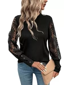 GORGLITTER Pullover & Strickmode GORGLITTER Damen Spitzen Oberteil Rundhals Langarmshirt Langarm Shirts Elegant Top mit Spitzenkontrast