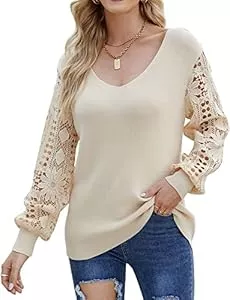 Adigau Pullover & Strickmode Adigau Damen Hollow Out Spitze Schlägerhülse Pullover V-Ausschnitt Off Shoulder trägerlos Basic Einfarbig Langarmshirt Oberteil Pulli Casual Rundhals Lose Oberteile Elegant