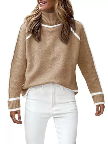 Fisoew Pullover & Strickmode Fisoew Damen Strickpullover Contrastfarbe Stehkragen Pullover Warm Sweater Knitted Langarm Sweatshirts mit Streifen