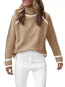 Fisoew Pullover & Strickmode Fisoew Damen Strickpullover Contrastfarbe Stehkragen Pullover Warm Sweater Knitted Langarm Sweatshirts mit Streifen