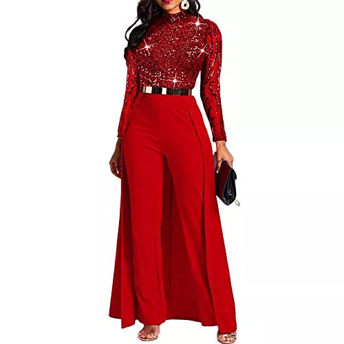 VERWIN Jumpsuits VERWIN Damen-Overall, Patchwork-Overlay, Pailletten, verziert, hohe Taille, Langarm