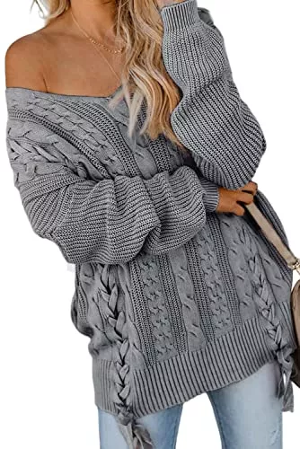 Sweezarmo Pullover & Strickmode Sweezarmo Damen V-Ausschnitt Langarm Pullover Kabelstrick gerippt Pullover Top