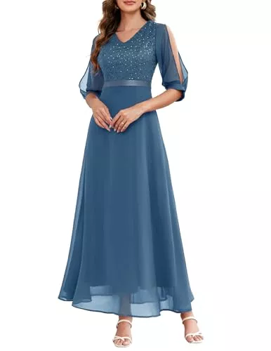 Wedtrend Abendkleider Wedtrend Abendkleid Elegant für Hochzeit V-Ausschnitt Chiffon Cocktailkleid Damen Lang Abschlusskleid mit Geteilte Ärmel Halbärmeliges Spitzenkleid mit Pailletten