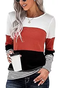 FANGJIN Pullover & Strickmode FANGJIN Pullover Damen Langarmshirt Fraeun Herbst Farbblock Tops Tunika Oberteile Lässige Mode elegant Bluse Tshirt Kleidung