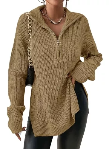 Cicy Bell Pullover & Strickmode Cicy Bell Damen Pullover Langarm,V-Ausschnitt,Strickpullover,Half Zip Slouchy Ribbed Knit Sweatshirt mit Seitenschlitz Trendy Herbst-Winter Pullovers Oversized Polo Style Casual Tops