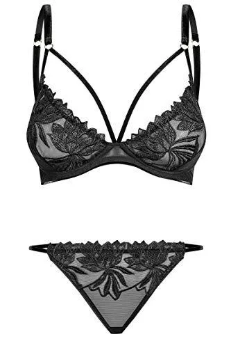 Petite Noir Unterwäsche & Dessous Petite Noir Damen Reizwäsche Dessous Set Bügel BH und Panty Slip aus Tüll, Samt und Stickerei in schwarz erotisch Spitzen Unterwäsche Set transparent