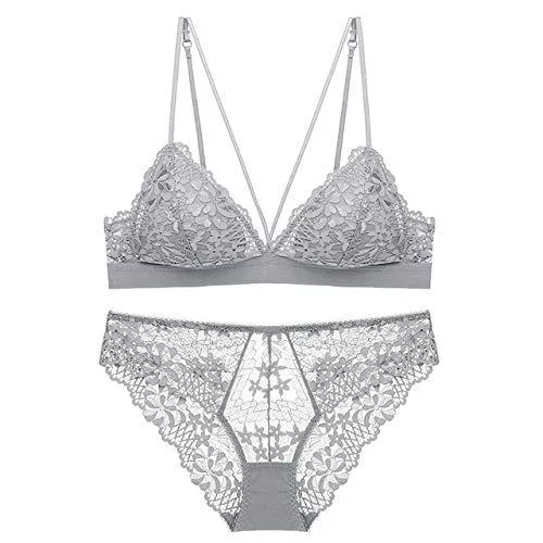 ZJY Unterwäsche & Dessous ZJY BH Panty Set Fashion Sexy BH-Set Dessous Push-Up-Büstenhalter-Spitze-Unterwäsche dünner Breathable Jacquard BH-Höschen-Set Dessous Bralette (Color : Gray, Größe : L)