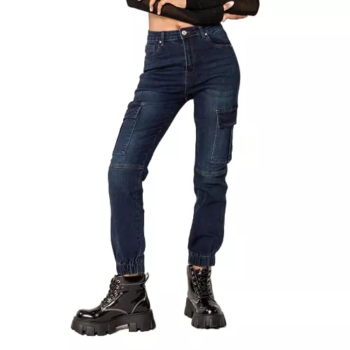 Nina Carter Jeans Nina Carter P219 Damen Cargo Jeans High Waist Relaxed Fit Jeanshosen Elastischen Beinabschlüssen Used-Look