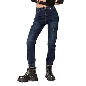 Nina Carter Jeans Nina Carter P219 Damen Cargo Jeans High Waist Relaxed Fit Jeanshosen Elastischen Beinabschlüssen Used-Look