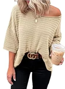 Cuptacc Pullover & Strickmode Cuptacc Pullover Damen 3/4 Ärmel Rundhals Oberteil Locker Strickpullover Damen Elegant