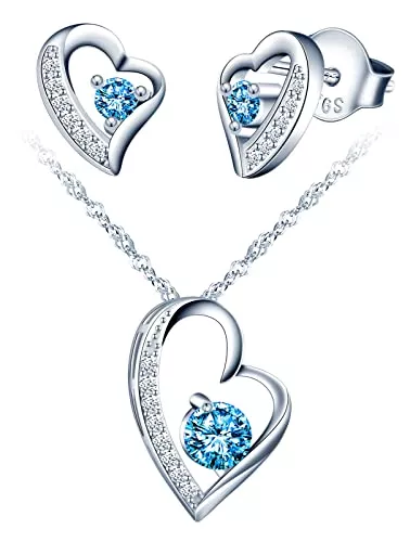 Yumilok Schmuck Yumilok Schmuckset Damen 925 Sterling Silber Halskette & Ohrringe Set, Herz Anhänger mit 45cm Kette & Ohrstecker mit blau Zirkonia für Mädchen