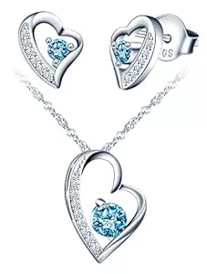 Yumilok Schmuck Yumilok Schmuckset Damen 925 Sterling Silber Halskette & Ohrringe Set, Herz Anhänger mit 45cm Kette & Ohrstecker mit blau Zirkonia für Mädchen