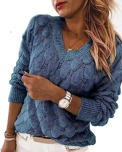 Saodimallsu Pullover & Strickmode Saodimallsu Damen Strickpullover Langarm V-Ausschnitt Pullover Elegante Einfarbige Strick Tops Oberteile Regular Fit Sweatshirt