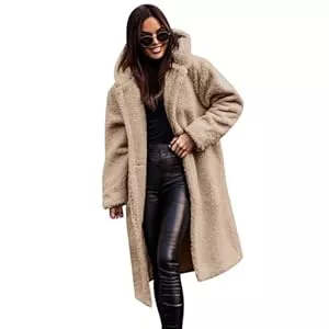 Odizli Mäntel Odizli Damen Fleecejacke mit Kapuze Lang Wintermantel Winterjacke Herbst Winter Warm Elegant Teddyfleece Mantel