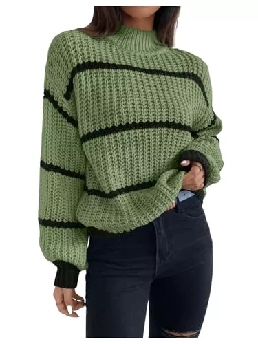 GORGLITTER Pullover & Strickmode GORGLITTER Damen Gestreift Pullover Locker Sweater Stehkragen Pulli Drop Shoulder Strickpullover