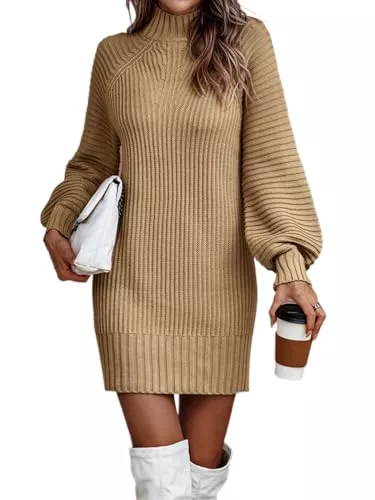 Minetom Freizeit Minetom Strickkleid Damen Winter Puff Ärmel Rollkragen Minikleid Winterkleid Hohe Elastizität Pulloverkleid Herbst Winter Langarm Kleider Strick