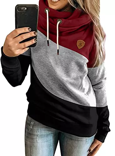 Dokotoo Pullover & Strickmode Dokotoo Damen Kapuzenpullover Stehkragen Hoodie Pullover Farbblock Sweatshirt Langarmshirt Oberteile für Herbst Winter S-3XL