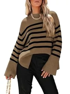 Fisoew Pullover & Strickmode Fisoew Damen Strickpullover Gestreifter Rundhals Pullover Streifen Langarm Pulli Oberteile mit Seitenschlitz