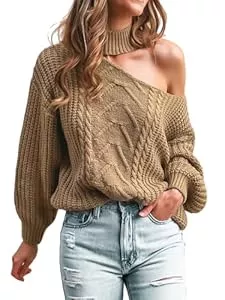 CUPSHE Pullover & Strickmode CUPSHE Damen Strickpullover Mock Neck One Shoulder Langarm Zopfmuster Grobstrick Schulterfreier Pulli Oberteile Tops Lässig Knit Sweater