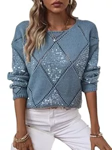 MIATCENRT Pullover & Strickmode Damen Pulli Langarm T-Shirt - Rundhals Lange Ärmel Hohl Pailletten Geometrische Raute Pullover, Modischer Lässige Sweatshirt, Elegant Damen Tunika Top