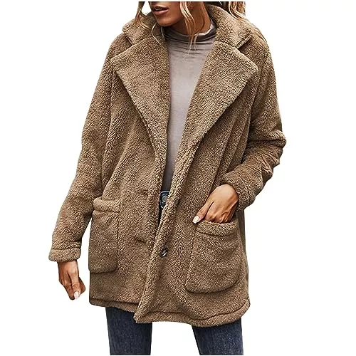 yiouyisheng Mäntel yiouyisheng Teddy Mantel Damen Plüschmantel Langarm Wintermantel Plüsch Kurzmantel mit Knöpfen und Taschen, Teddyjacke Damen Fleecejacke Winter Plüschjacke Warm Kuscheljacke
