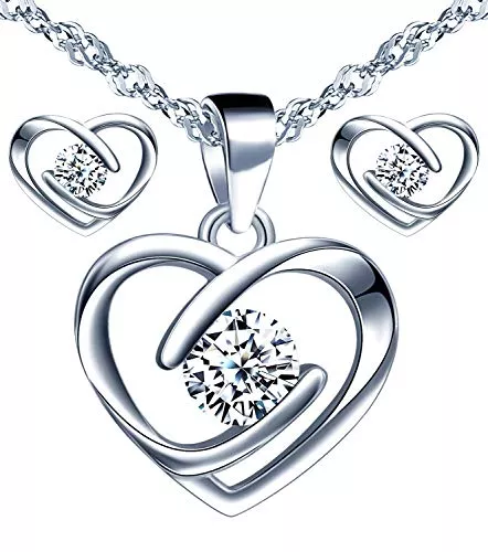 Yumilok Schmuck Yumilok Schmuckset Damen Halskette Ohrringe Kette Set 925 Sterling Silber Herz Zirkonia Geschenk für Mama Frau Freundin