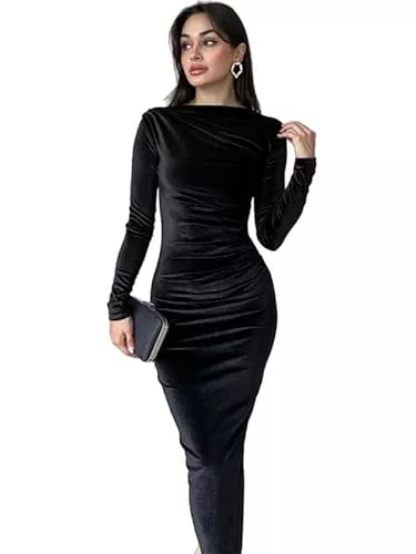 Haibang Party Haibang Damen Samtkleid Langarm Elegant Winterkleid Bodycon Midikleid Figurbetontes Kleid Sexy Rüschen Langarmkleid Vintage Freizeitkleid Einfarbig Abendkleid Partykleid Clubkleid Cocktailkleid