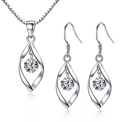 Zolkamery Schmuck Zolkamery Schmuckset Silber 925 Damen, 925 Sterling Silber Twist Halskette &amp; Ohrringe Ohrhänger Set, Haken Damen Schmuck Set Silberkette &amp; Ohrringe Hängend mit AAAAA Zirkonia für Mädchen Frauen