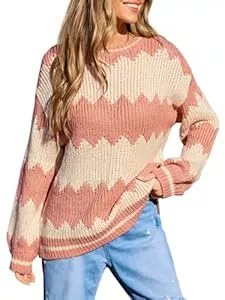 CUPSHE Pullover & Strickmode CUPSHE Damen Strickpullover Rundhals Langarm Zickzackmuster 2024 Herbst Winter Farbblock Feinstrick Pullover Oberteile Tops Lässig Knit Sweater