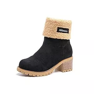 Hitmars Stiefel Hitmars Winterstiefel Damen Kurzschaft Stiefel Absatz Stiefeletten Warme Gefüttert Winterboots Frauen Schlüpfen Boots Wildleder Elegant Schwarz Braun EU35-43