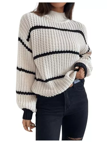 GORGLITTER Pullover & Strickmode GORGLITTER Damen Gestreift Pullover Locker Sweater Stehkragen Pulli Drop Shoulder Strickpullover