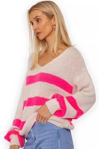 SASSYCLASSY Pullover & Strickmode SASSYCLASSY Streifen Strickpullover Damen Oversize - Madie in Italy - grobmaschig V Ausschnitt Pulli Damen Herbst - Strickpulli Damenpullover Langarm - Strick Pullover Grobstrickpullover